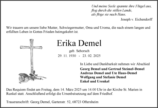 Traueranzeige von Erika Demel von Nassauische Neue Presse