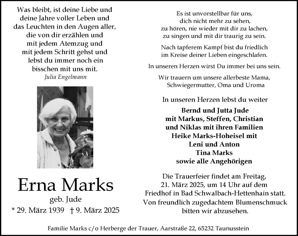  Traueranzeige für Erna Marks vom 15.03.2025 aus Wiesbadener Kurier