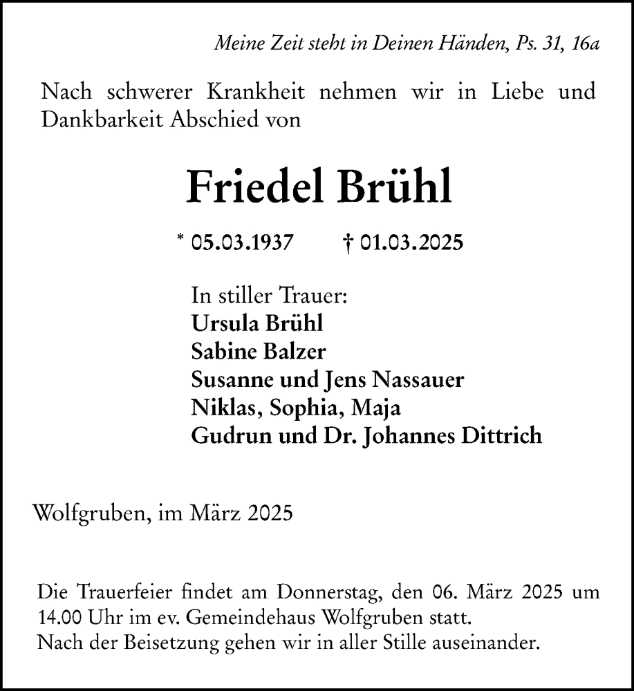  Traueranzeige für Friedel Brühl vom 04.03.2025 aus Hinterländer Anzeiger