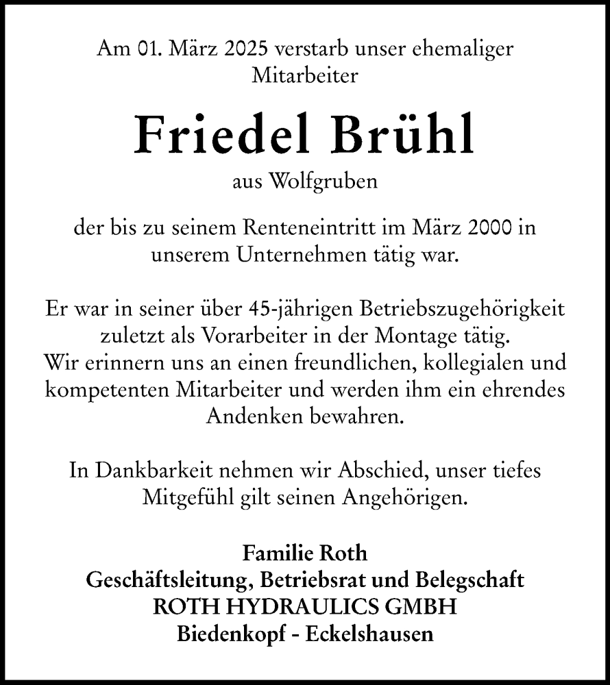  Traueranzeige für Friedel Brühl vom 08.03.2025 aus Hinterländer Anzeiger