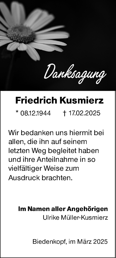 Traueranzeige von Friedrich Kusmierz von Hinterländer Anzeiger