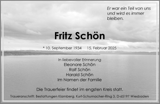 Traueranzeige von Fritz Schön von Wiesbadener Kurier