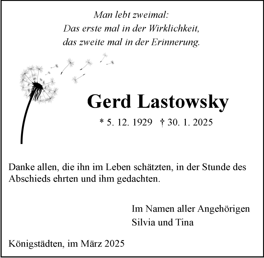  Traueranzeige für Gerd Lastowsky vom 08.03.2025 aus Rüsselsheimer Echo