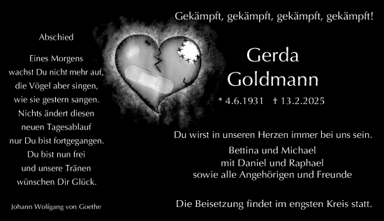 Traueranzeige von Gerda Goldmann von Wetzlarer Neue Zeitung