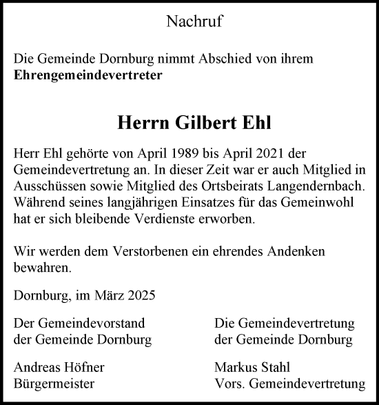 Traueranzeige von Gilbert Ehl von Nassauische Neue Presse