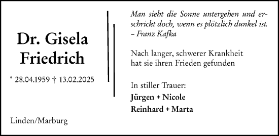 Traueranzeige von Gisela Friedrich von Wetzlarer Neue Zeitung