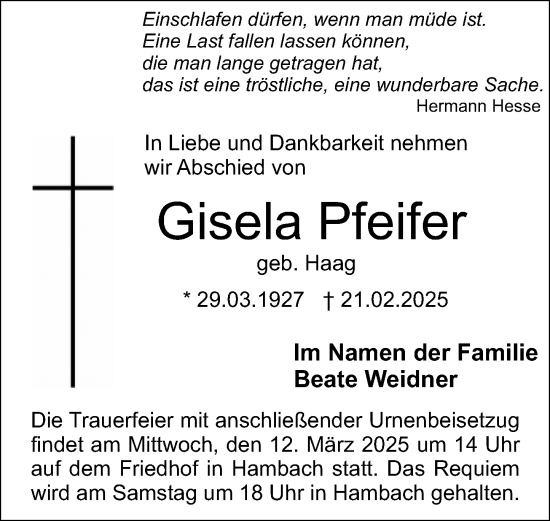 Traueranzeige von Gisela Pfeifer von Starkenburger Echo