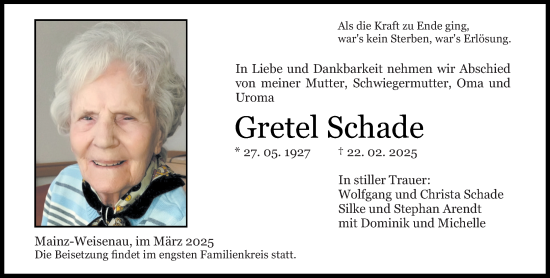 Traueranzeige von Gretel Schade von Allgemeine Zeitung Mainz