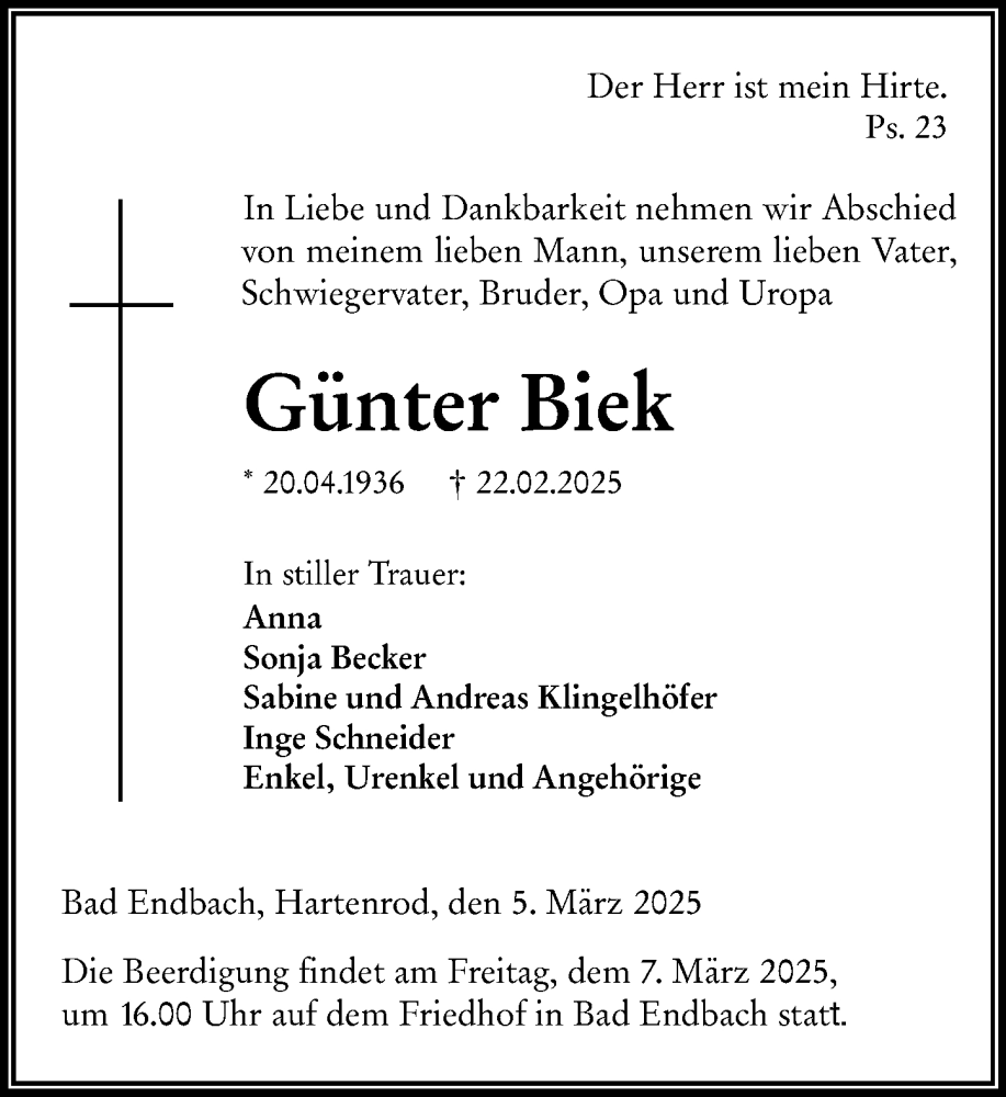  Traueranzeige für Günter Biek vom 05.03.2025 aus Hinterländer Anzeiger