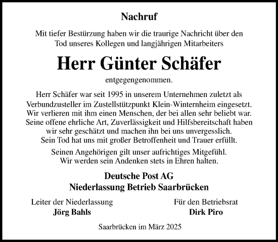 Traueranzeige von Günter Schäfer von Allgemeine Zeitung Mainz