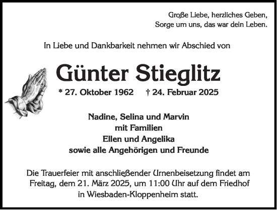 Traueranzeige von Günter Stieglitz von Wiesbadener Kurier