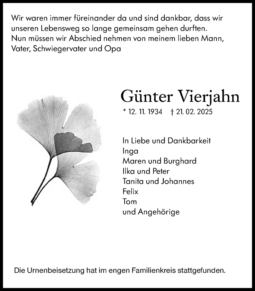 Traueranzeige für Günter Vierjahn vom 15.03.2025 aus Allgemeine Zeitung Mainz