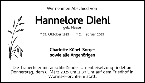 Traueranzeige von Hannelore Diehl von Wormser Zeitung