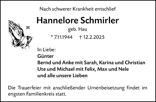 Traueranzeige von Hannelore Schmirler von Groß-Gerauer Echo