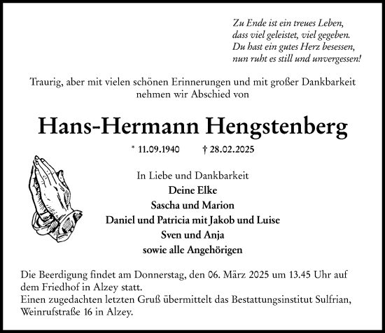 Traueranzeige von Hans-Hermann Hengstenberg von Allgemeine Zeitung Alzey