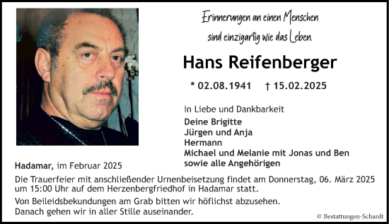 Traueranzeige von Hans Reifenberger von Nassauische Neue Presse