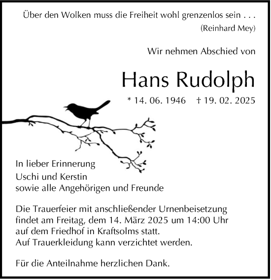 Traueranzeige von Hans Rudolph von Wetzlarer Neue Zeitung