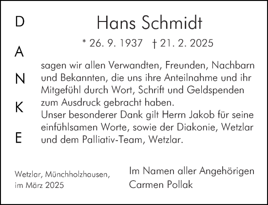 Traueranzeige von Hans Schmidt von Wetzlarer Neue Zeitung
