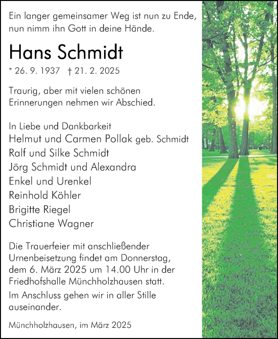 Traueranzeige von Hans Schmidt von Wetzlarer Neue Zeitung