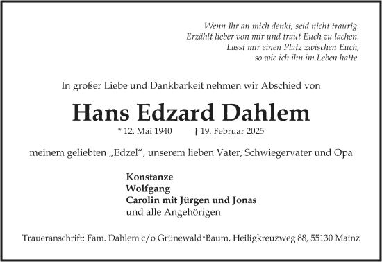 Traueranzeige von Hans Edzard Dahlem von Allgemeine Zeitung Mainz