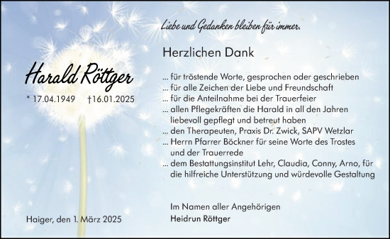 Traueranzeige von Harald Röttger von Dill Block