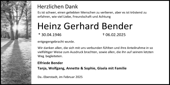 Traueranzeige von Heinz Gerhard Bender von Darmstädter Echo