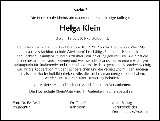 Traueranzeige von Helga Klein von Wiesbadener Kurier