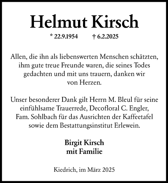 Traueranzeige von Helmut Kirsch von Wiesbadener Kurier