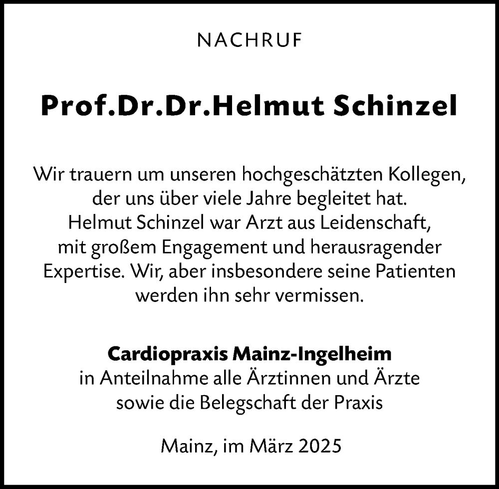  Traueranzeige für Helmut Schinzel vom 08.03.2025 aus Allgemeine Zeitung Mainz