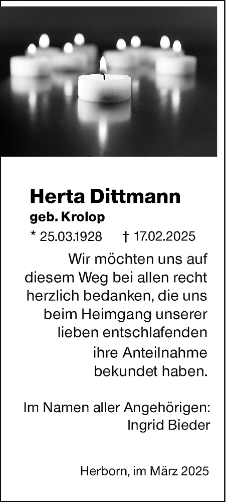 Traueranzeige von Herta Dittmann von Hinterländer Anzeiger