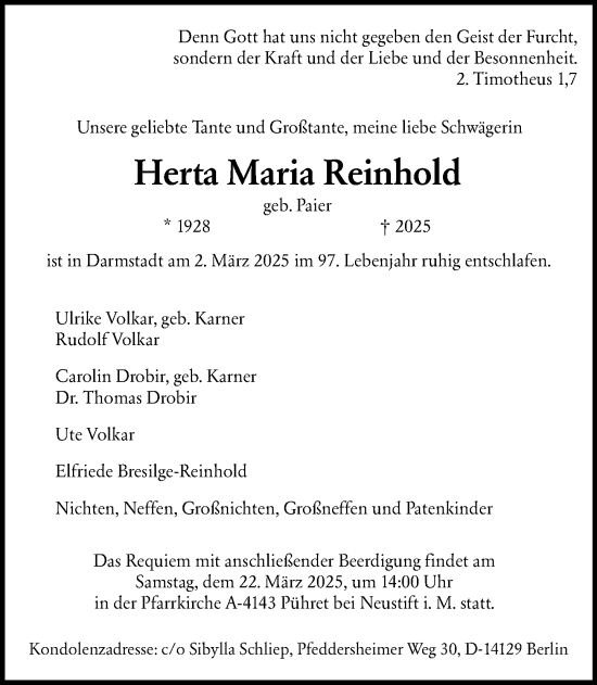 Traueranzeige von Herta Maria Reinhold von Darmstädter Echo