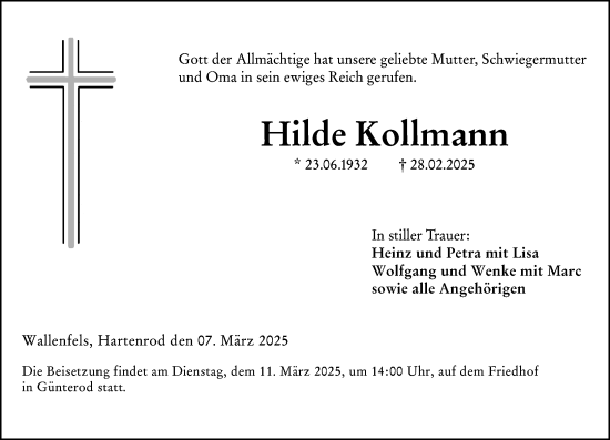 Traueranzeige von Hilde Kollmann von Hinterländer Anzeiger