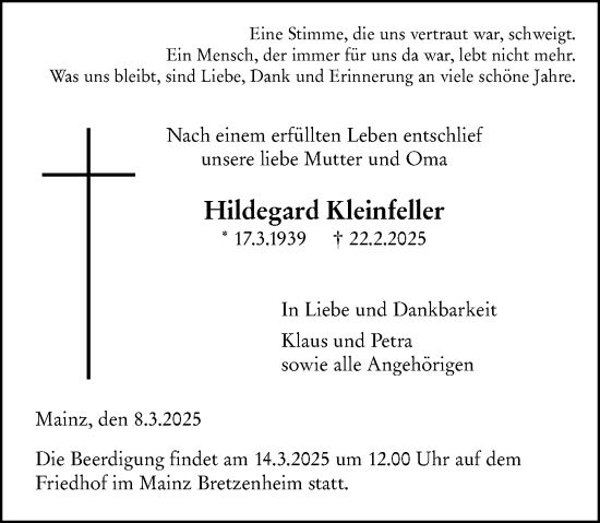 Traueranzeige von Hildegard Kleinfeller von Allgemeine Zeitung Mainz