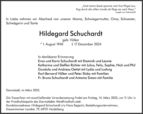 Traueranzeige von Hildegard Schuchardt von Darmstädter Echo