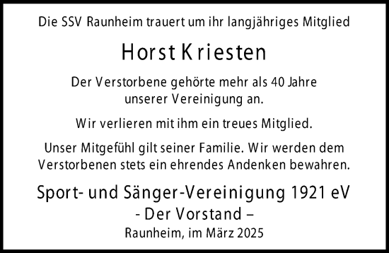 Traueranzeige von Horst Kriesten von Rüsselsheimer Echo