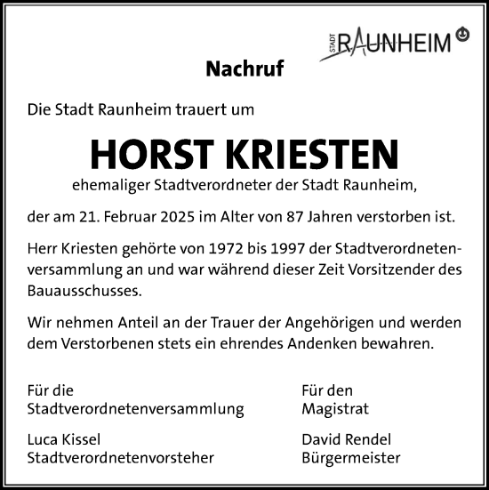 Traueranzeige von Horst Kriesten von Rüsselsheimer Echo