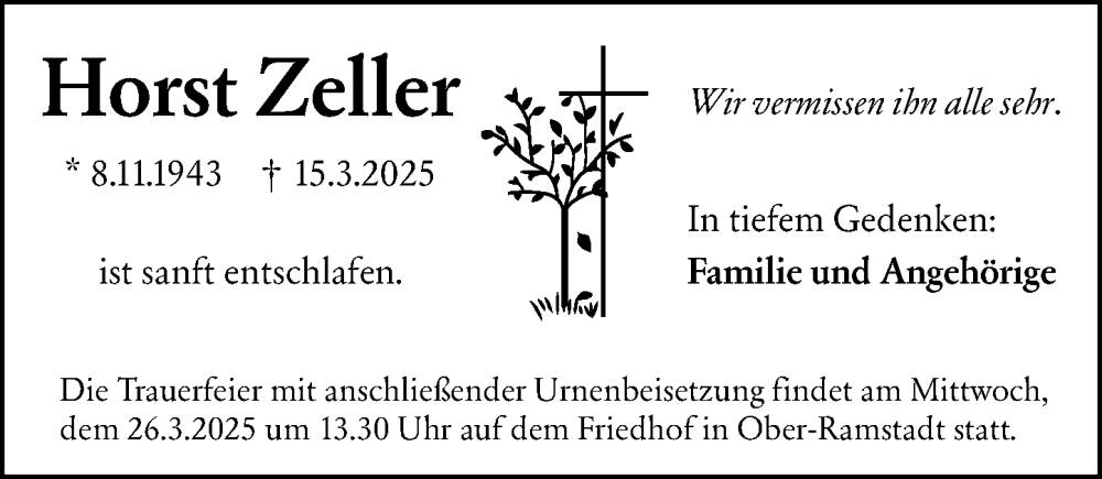  Traueranzeige für Horst Zeller vom 22.03.2025 aus Darmstädter Echo
