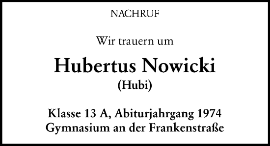 Traueranzeige von Hubertus Nowicki von Allgemeine Zeitung Alzey