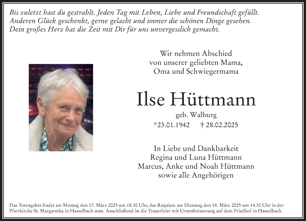  Traueranzeige für Ilse Hüttmann vom 13.03.2025 aus Camberger Anzeiger