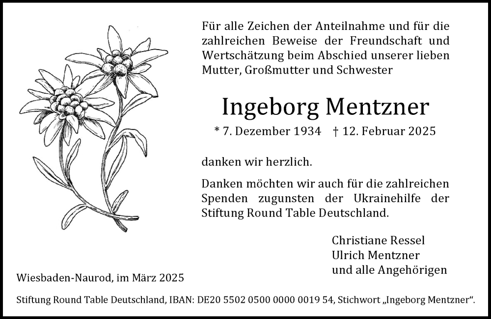  Traueranzeige für Ingeborg Mentzner vom 22.03.2025 aus Wiesbadener Kurier