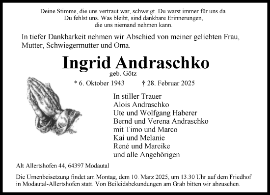 Traueranzeige von Ingrid Andraschko von Darmstädter Echo