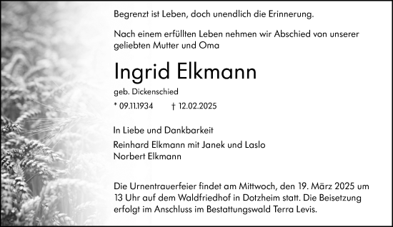 Traueranzeige von Ingrid Elkmann von Wiesbadener Kurier