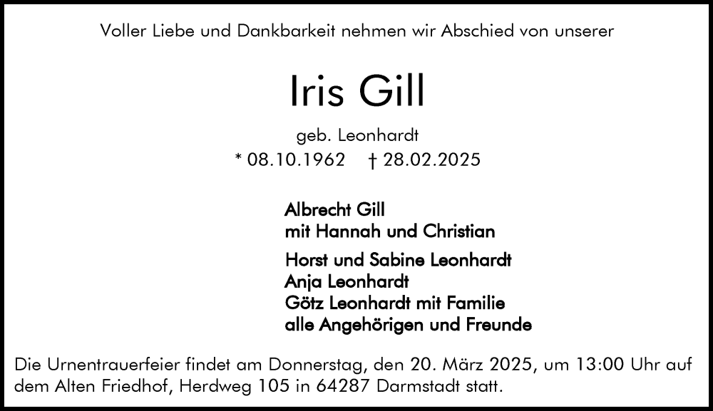  Traueranzeige für Iris Gill vom 08.03.2025 aus Darmstädter Echo