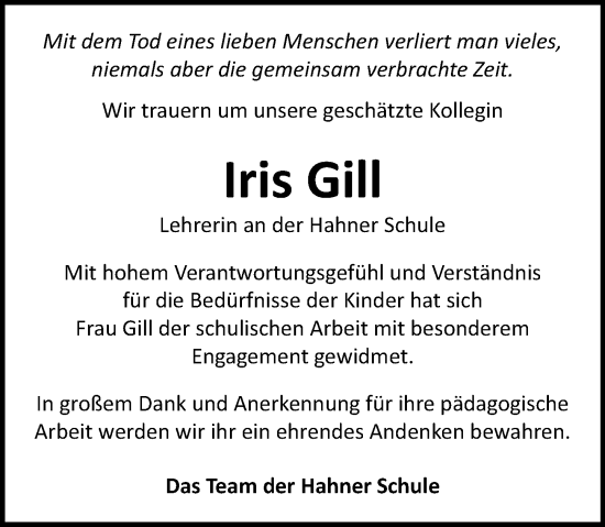 Traueranzeige von Iris Gill von Darmstädter Echo