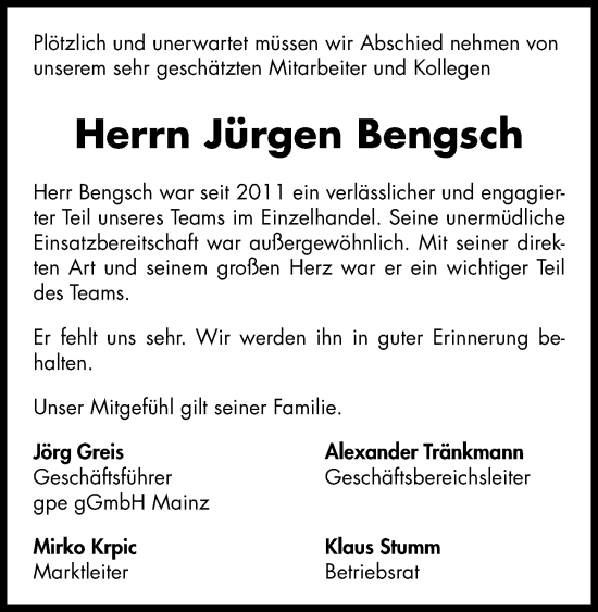 Traueranzeige von Jürgen Bengsch von Allgemeine Zeitung Mainz