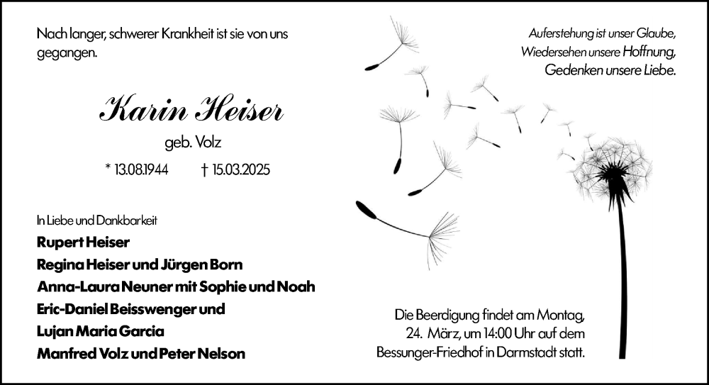  Traueranzeige für Karin Heiser vom 22.03.2025 aus Darmstädter Echo