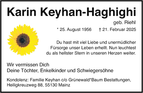 Traueranzeige von Karin Keyhan-Haghighi von Allgemeine Zeitung Mainz