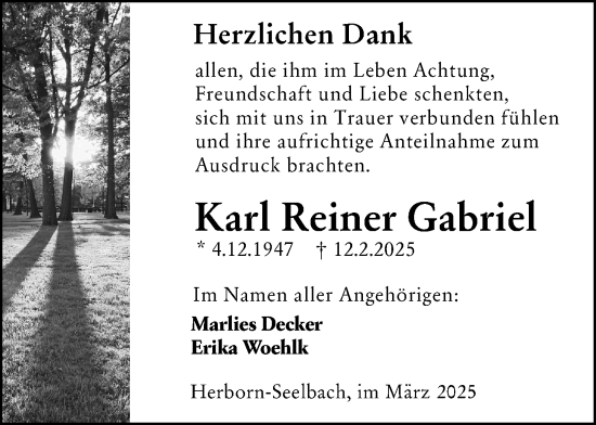 Traueranzeige von Karl Reiner Gabriel von Dill Block