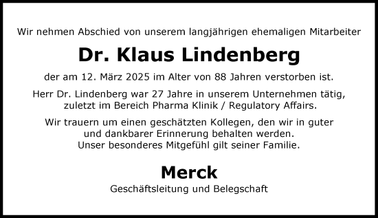 Traueranzeige von Klaus Lindenberg von Darmstädter Echo