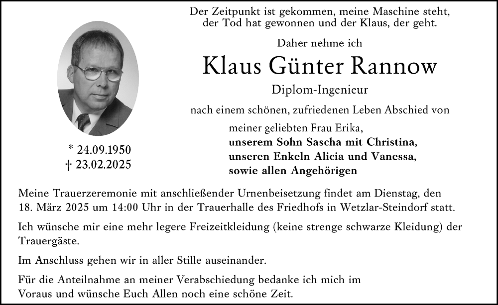 Traueranzeigen von Klaus Günter Rannow | www.vrm-trauer.de